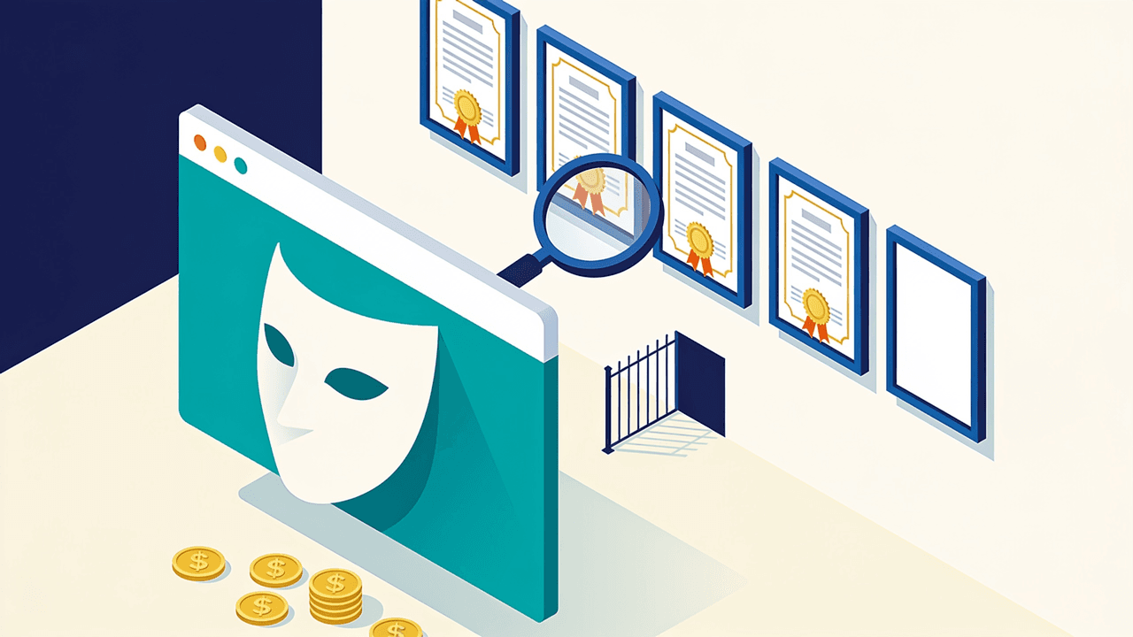 Ilustración isométrica de una hilera de certificados enmarcados con sellos dorados y un último marco vacío, una lupa que los examina, una ventana de navegador que sostiene una máscara de teatro en blanco, una reja entreabierta y monedas doradas