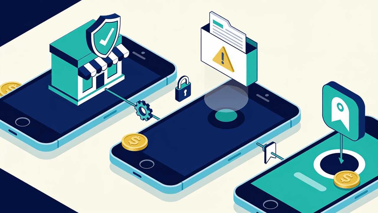 Tres teléfonos en perspectiva isométrica: el primero con una tienda protegida por un escudo con tilde, el del medio con una carpeta de advertencia y un candado al costado, y el tercero con un marcador de ubicación, con monedas doradas entre ellos