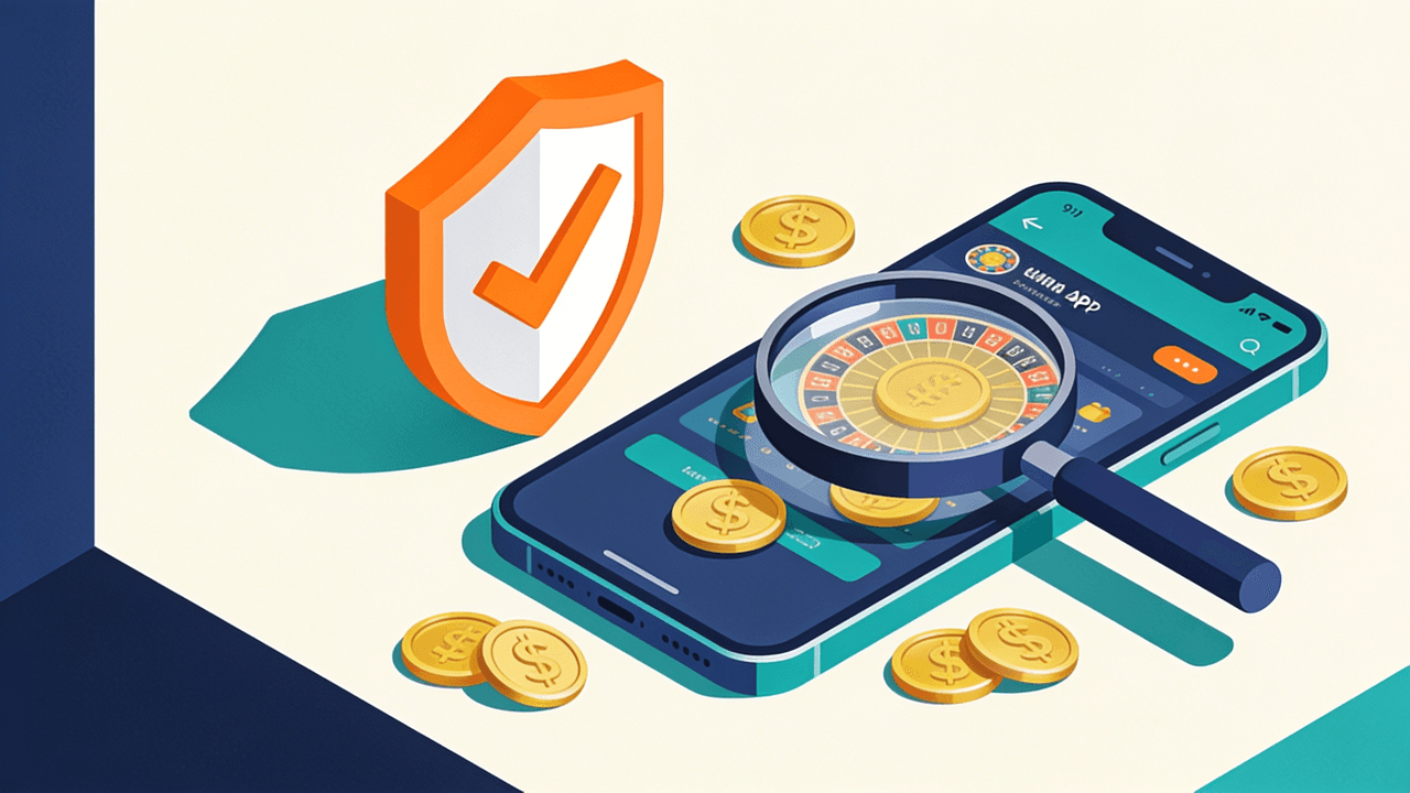Escudo con tilde junto a un celular con una app de casino y una lupa sobre monedas, símbolo de que Betano es un operador verificable en Argentina