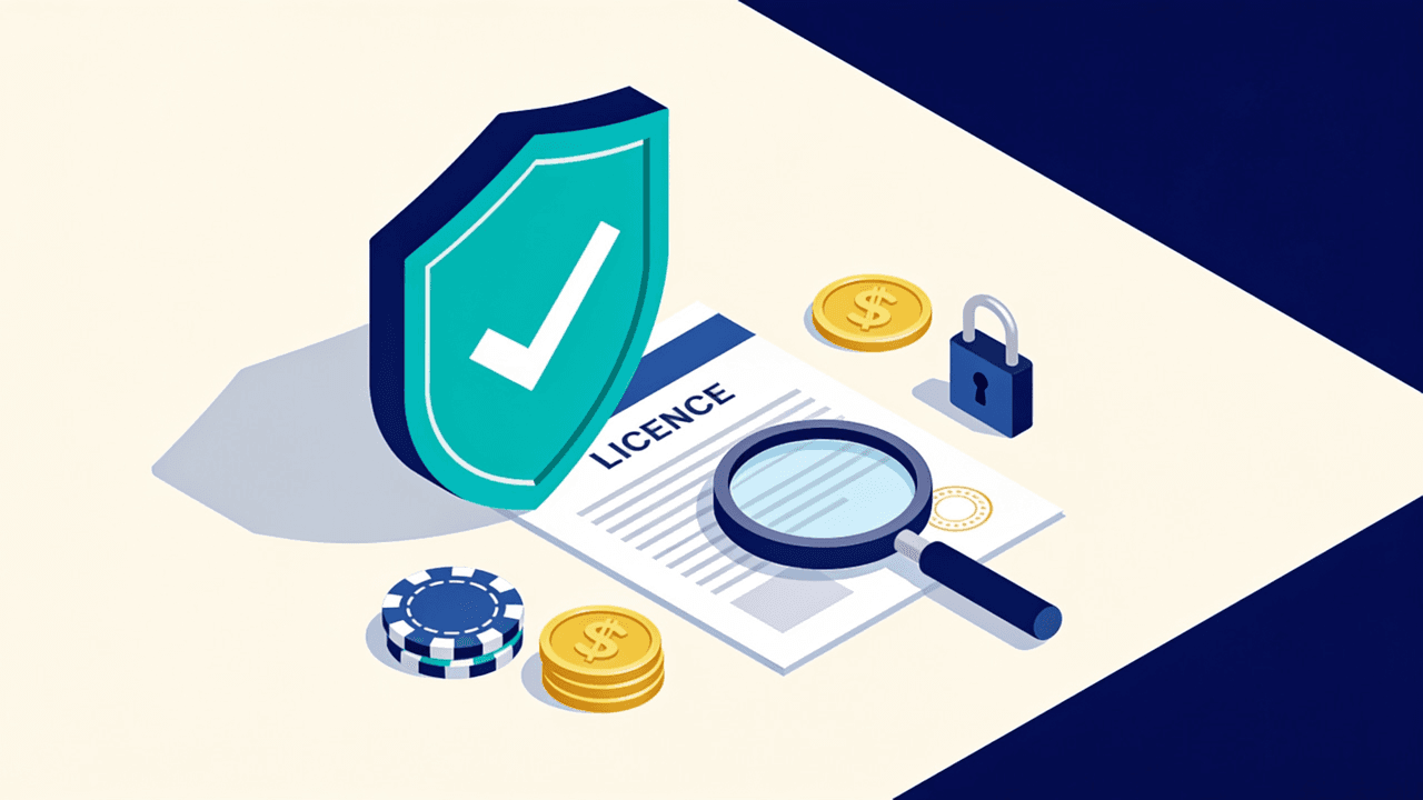 Escudo con tilde y lupa sobre un certificado de licencia, símbolo de que Betsson es un casino confiable y verificable en Argentina