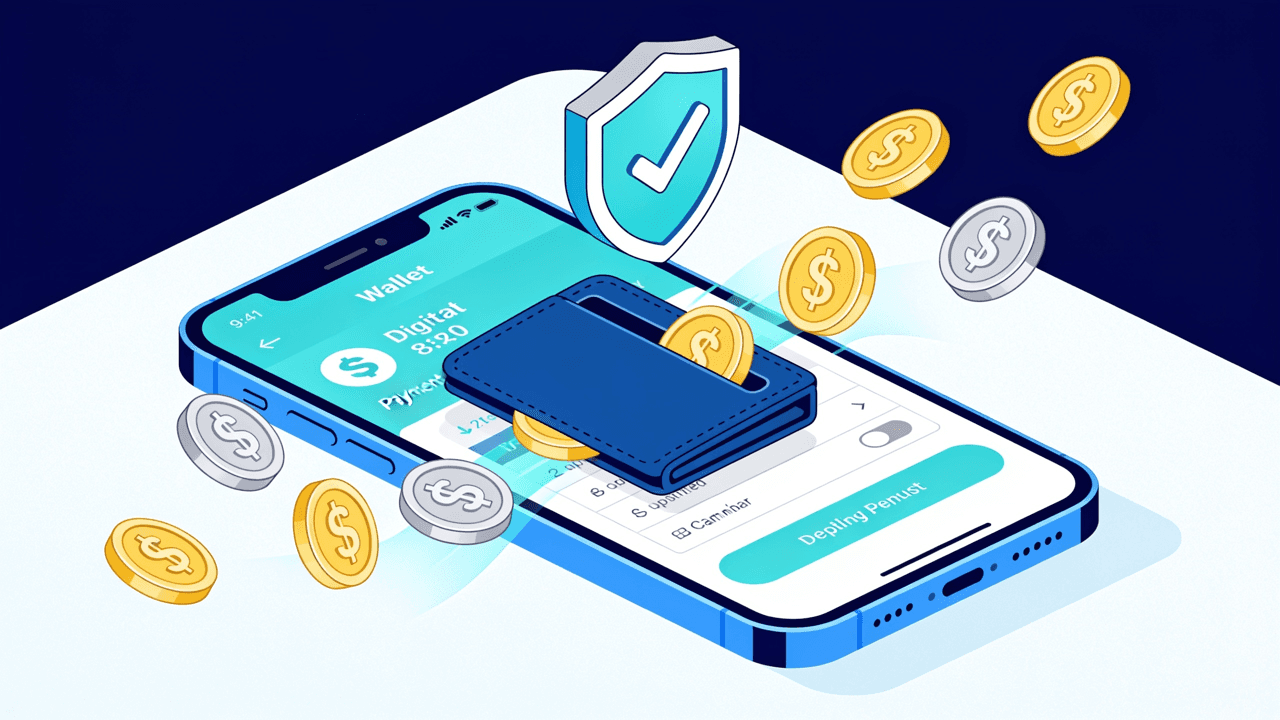 Celular con billetera digital, monedas y escudo de seguridad: casinos con Mercado Pago