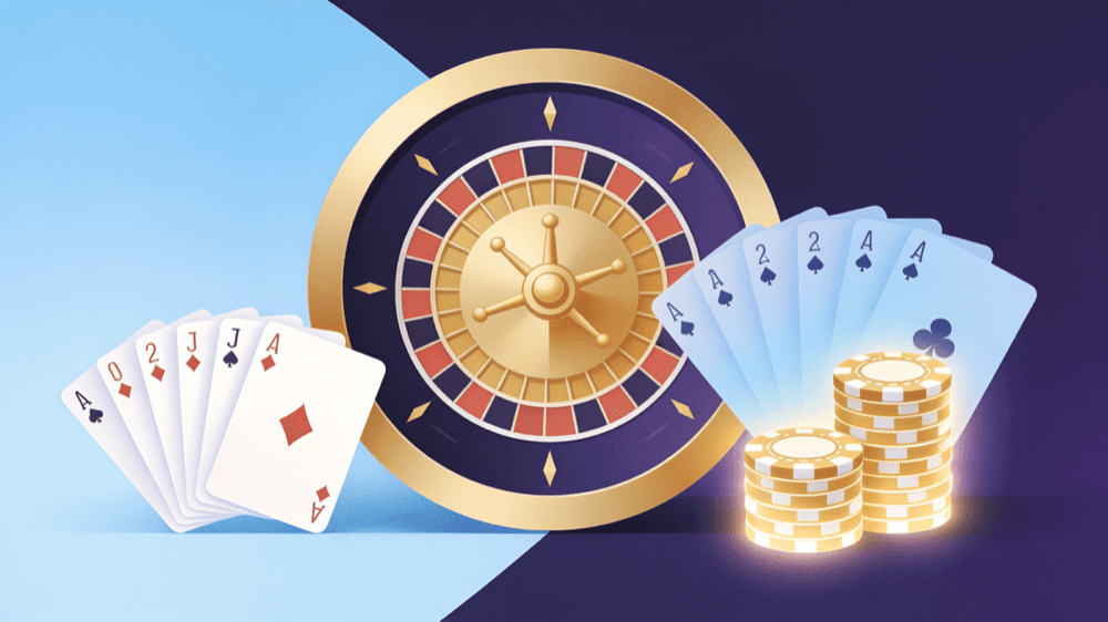Rueda de ruleta dorada con dos abanicos de cartas de póker a los costados y pilas de fichas de casino