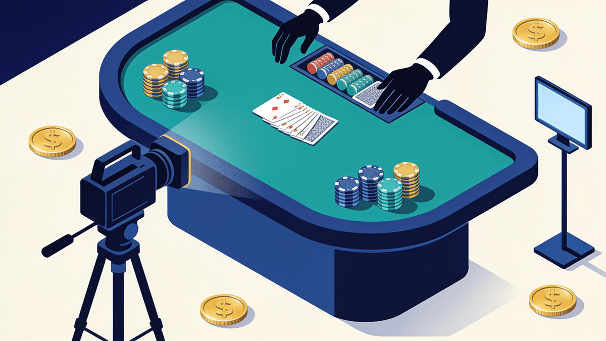 Ilustración isométrica de una mesa de casino vista desde arriba con pilas de fichas y un mazo de cartas abierto en abanico, las manos del croupier en silueta, una cámara de estudio sobre trípode apuntando a la mesa y una pantalla de supervisión al costado