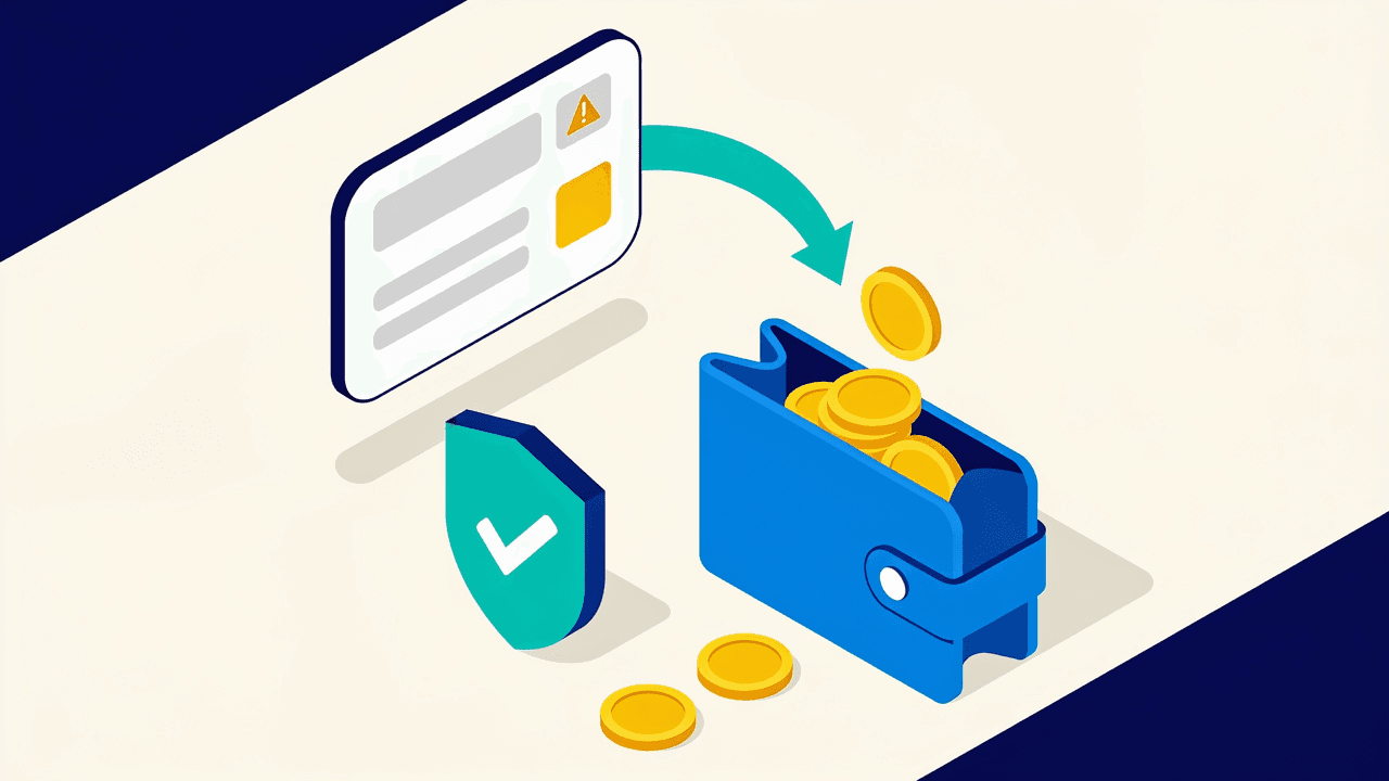 Formulario de transferencia con un campo marcado en ámbar y una flecha curva que devuelve monedas doradas a una billetera digital, junto a un escudo con tilde