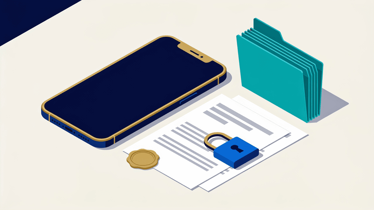 Ilustración isométrica de un celular con la pantalla apagada sobre un escritorio, junto a una carpeta de expediente, hojas impresas, un candado cerrado y un sello de lacre