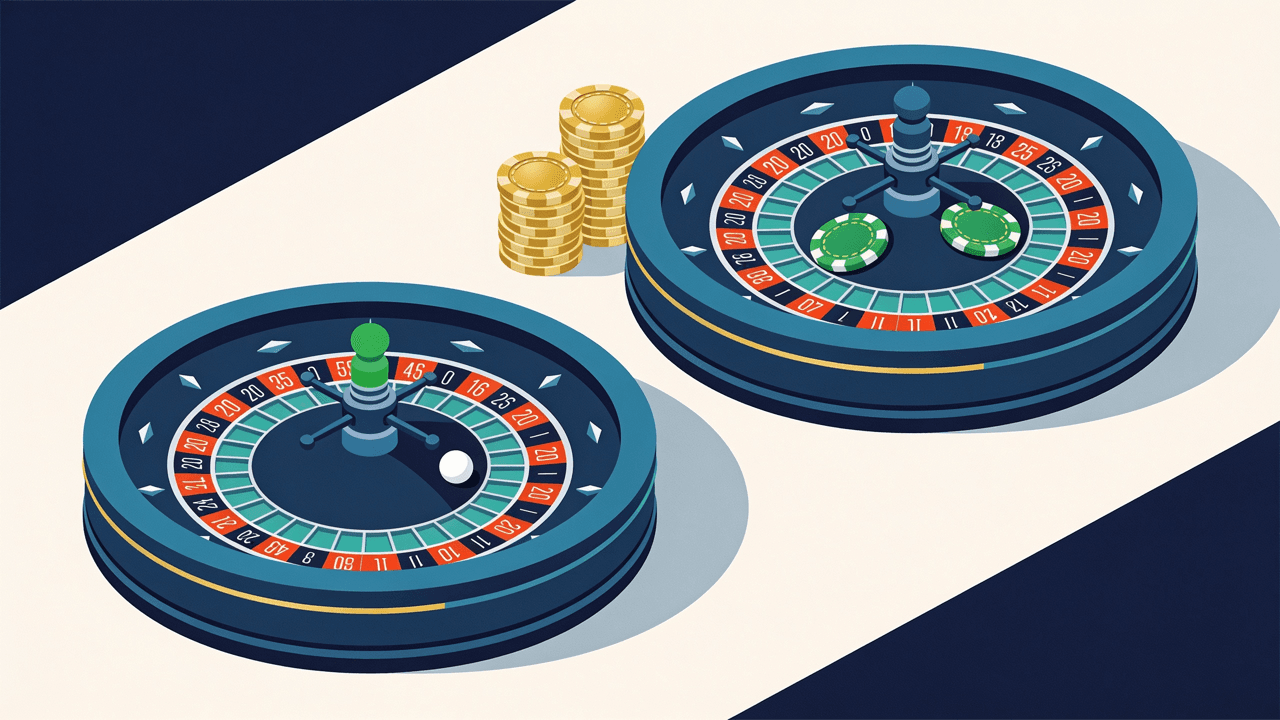 Dos ruedas de ruleta lado a lado, una con una sola casilla verde y otra con dos, junto a fichas de casino