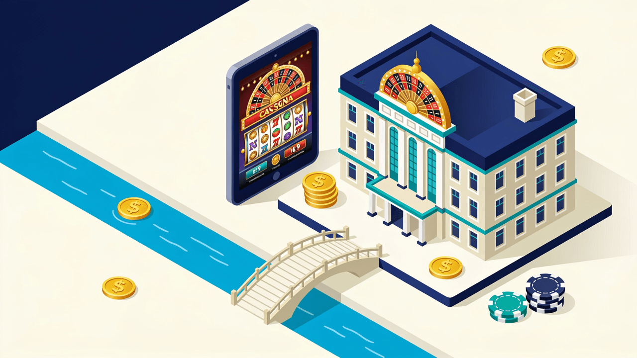 Edificio de casino iluminado de noche junto a la ruta en Cipolletti y un celular que muestra una plataforma de juego online: Casino del Río de Río Negro