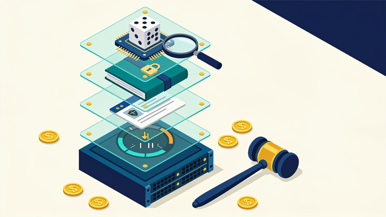 Cuatro capas transparentes apiladas sobre un servidor: un chip con un dado bajo una lupa, un libro de registros con candado, una credencial con escudo y un dial de límites, con un martillo de juez y monedas doradas al costado